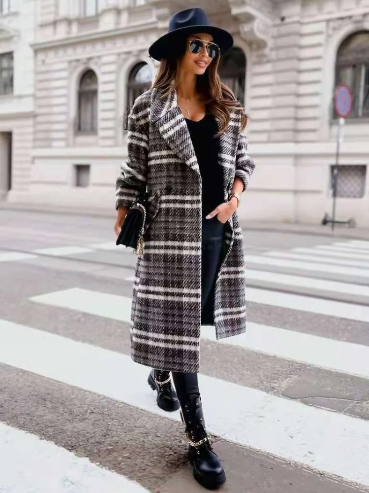

Fashion European and American Ladies New Plaid Fashion Temperament Woolen Coat Winter Coat Women Elegant