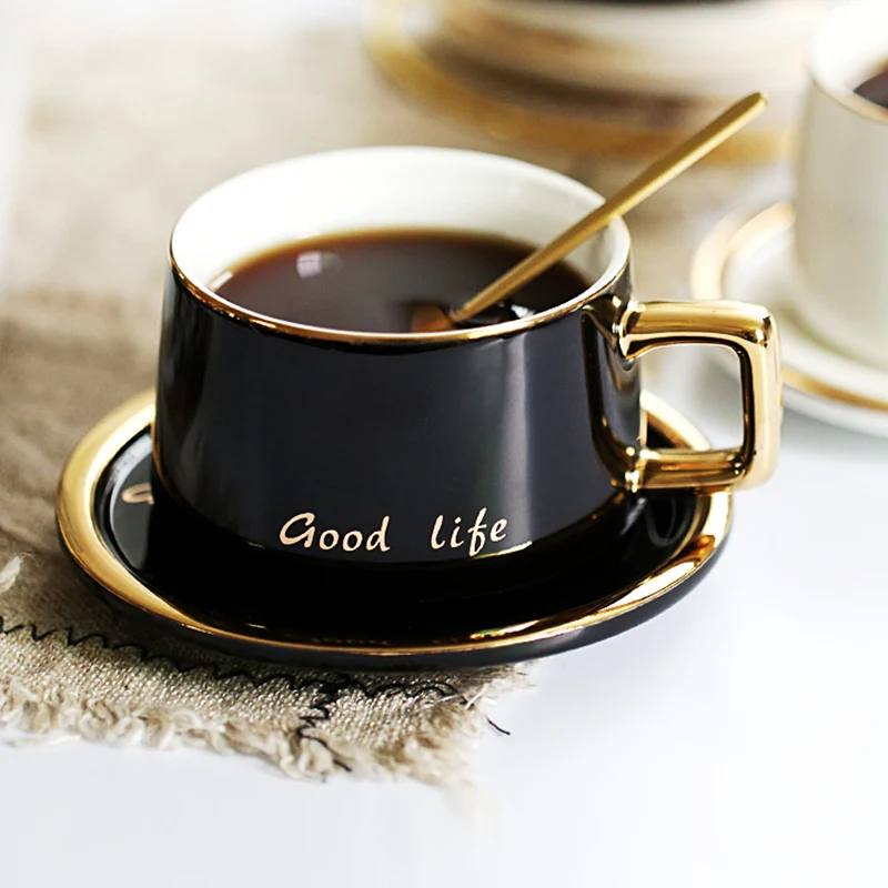 

Luxury Ceramic Creative Coffee Cup and Saucer Black Gold Office Nordic Coffee Mug with Spoon Tazas Desayuno Originales Ceramic