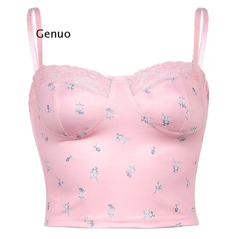 

Y2K Aesthetic Cute Flower Tops Women Lace Trim Vintage 90S Kawaii Clothes Structure Stitched V Neck Sexy Corset Top