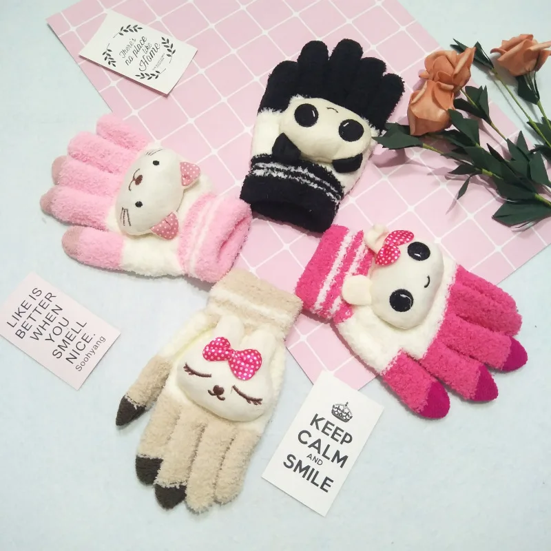

Female Winter Warm Cute Cartoon Panda Cat Rabbit Knit Gloves Girl Women Fashion Coral Fleece Full Finger Mittens Gloves
