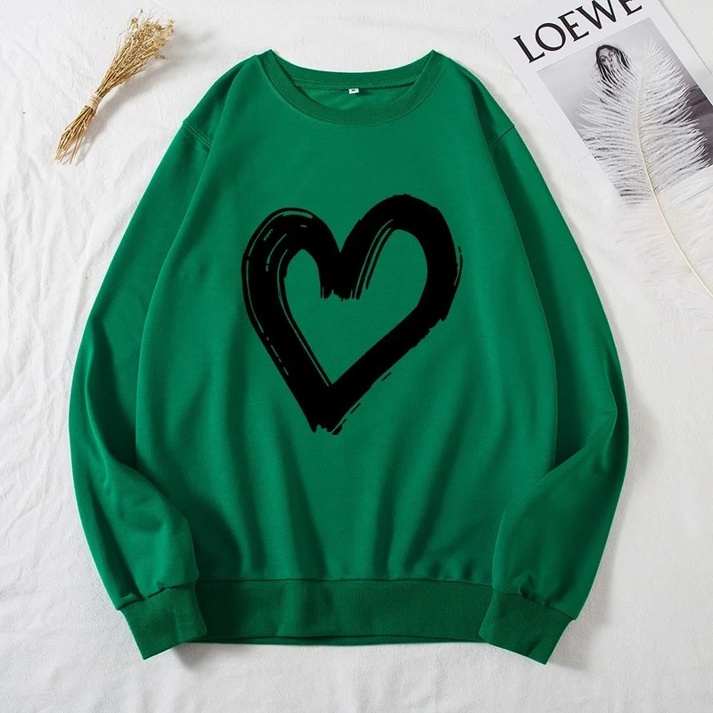 

Autumn Pullover Women Casual Long Sleeve Heart Print Female Fashion Graphic Sweatshirt Ladies Regular Daily Hoodless O-Neck Tops