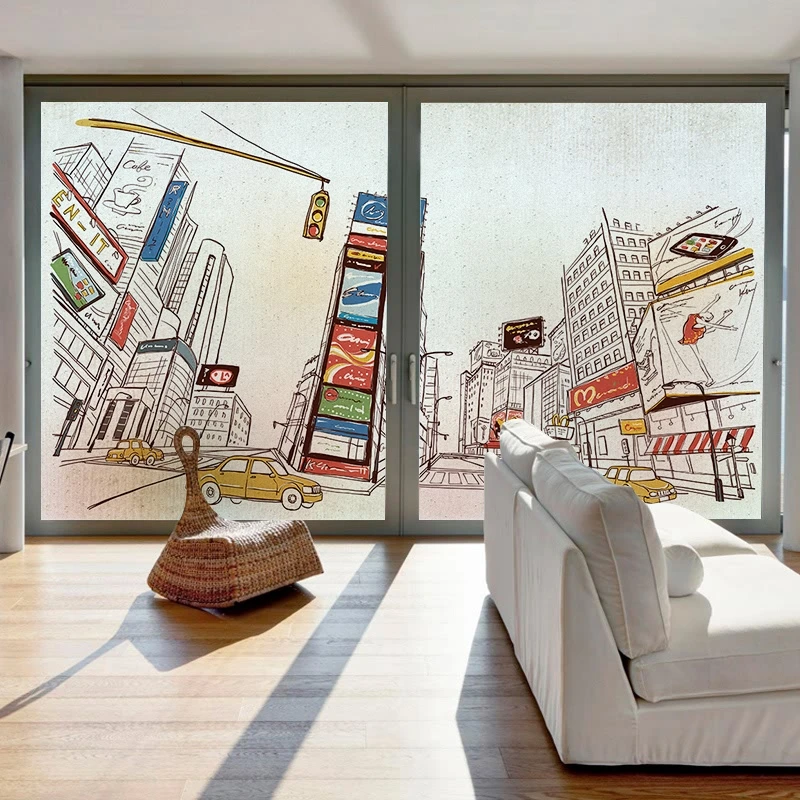 

Electrostatic Custom Size Window Film Hand Painting Times Square Pattern PVC Private Sun-Blocking Removable Decorative Tint-Film