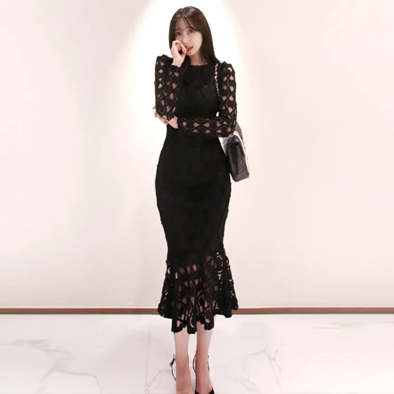 Весенние черные кружево платье одноцветное в ретро стиле женская обувь с полым