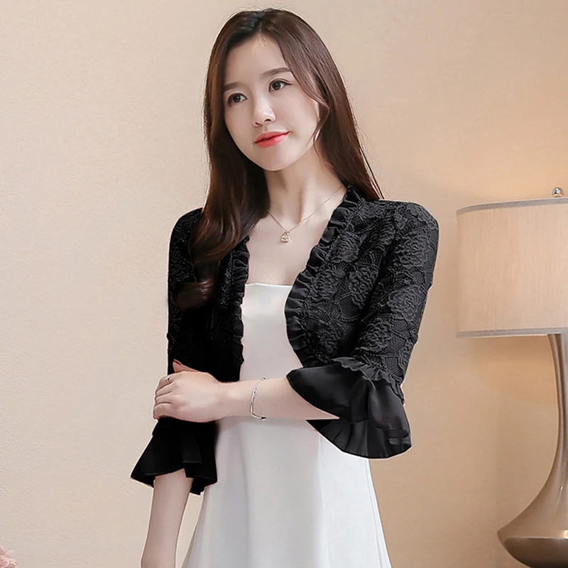 

Women Thin Lace Open Stitch Coat Summer 3/4 Sleeve Shawl Sexy White Casual Jacket Womens Hollow Out Coats Crop Jackets Bolero