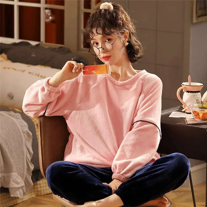 

YRRFUOT Pajamas Set Solid Color Autumn Winter Women Coral Fleece Pullover Casual HomeWear Flannel Pajamas Cute Round Neck Thick