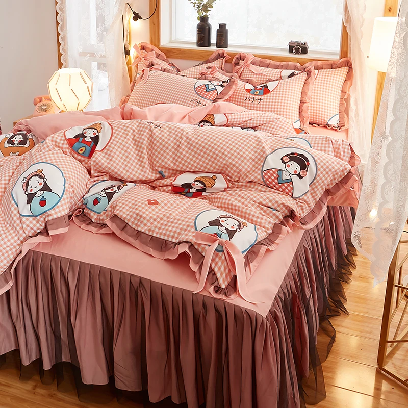 

Pink Bedding Sets Full Queen King Bedspread Wedding princess Duvet Cover sets Pillowcase girls lace bed skirt luxury bedclothes