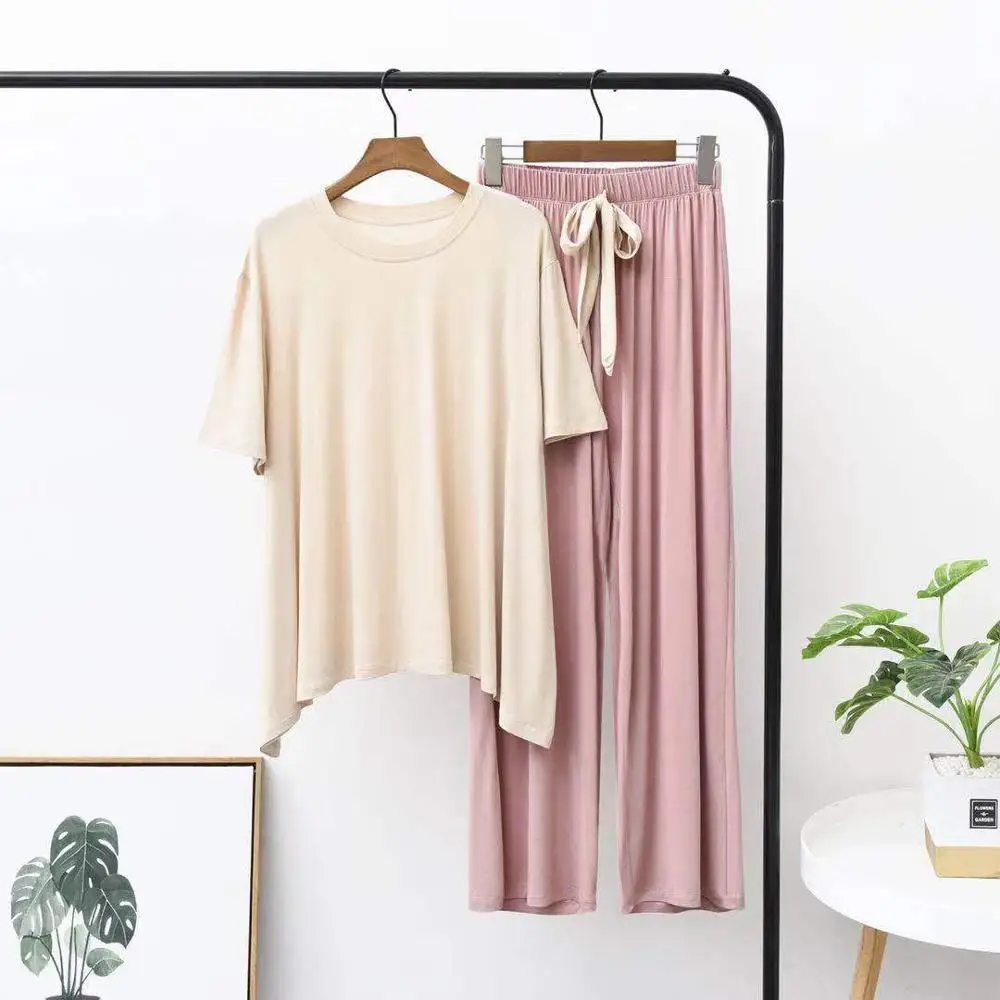 Новая Осенняя женская пижама из модала с круглым вырезом и короткими рукавами, штаны и широкие штаны, цветной домашний костюм пижама - Цвет: Бежевый