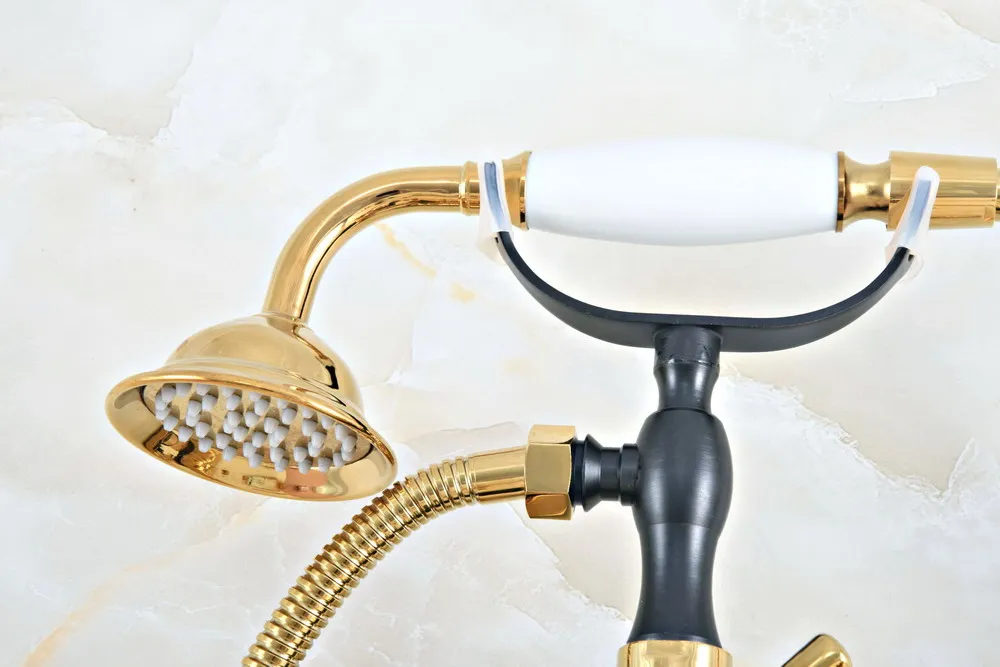 

Black Gold Color Brass Wall Mount Bathroom Tub Faucet Dual Cross Handles Telephone Style Hand Shower Clawfoot Tub Filler ana409