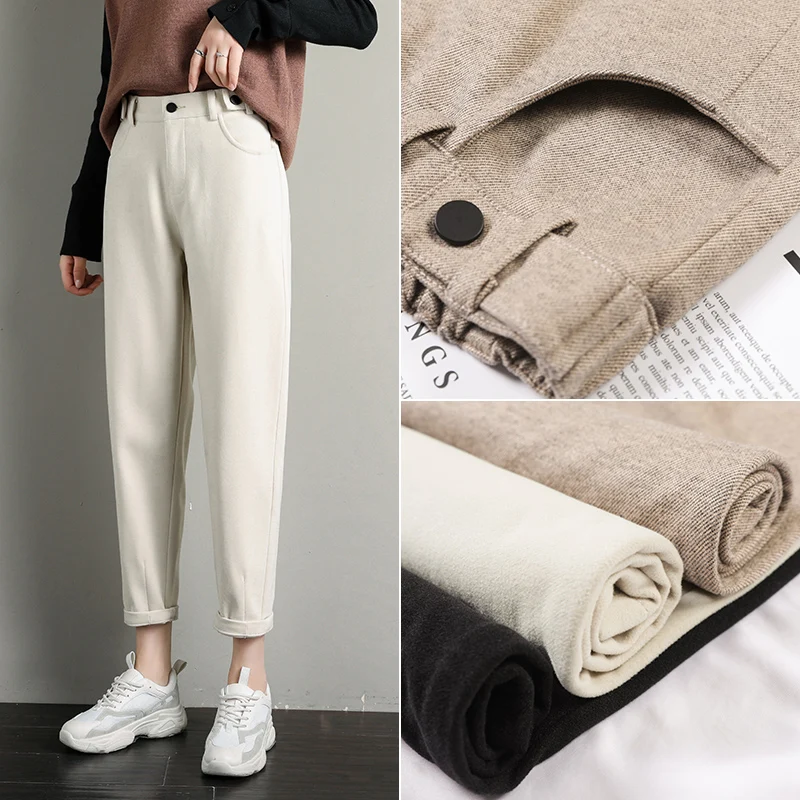 2020 Autumn Woolen Women Winter Wear New Casual Female Fashion Harem Pants Lady Trousers Black Beige Khaki Korean Pant