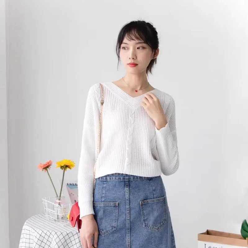 

Women Knitted Sweater Female Solid Color Korean Long Sleeve V-Neck Casual Loose Knitted Pullovers Autumn White Jumper 2020 2020