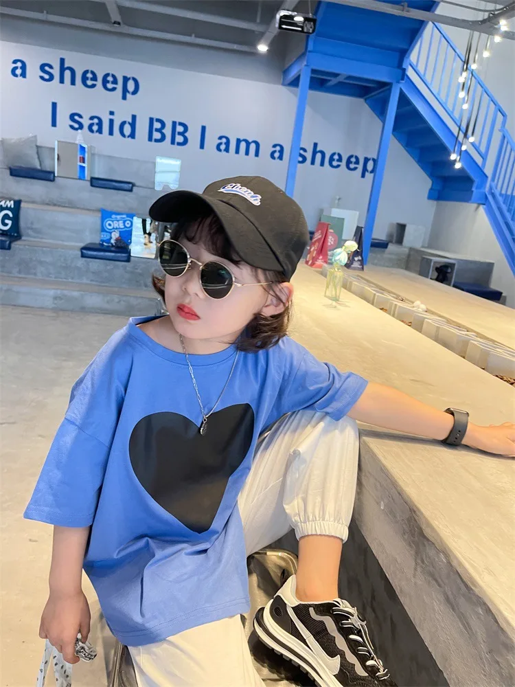 

Spring Summer 2021 New Korean Children's Split Love Short Sleeved T Shirt Girls Boy Bottoming Top