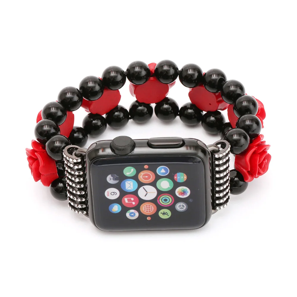 

Luxury Women Bracelet Agate Rose Carved Strap for Apple Watch SE Band Series 6 5 4 3 Elastic Belt for iWatch 40mm 44mm 38/42mm