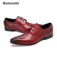 batzuzhi fashion genuine leather mens dress shoes wine red business male shoes men pointed toe lace up wine red wedding shoes
