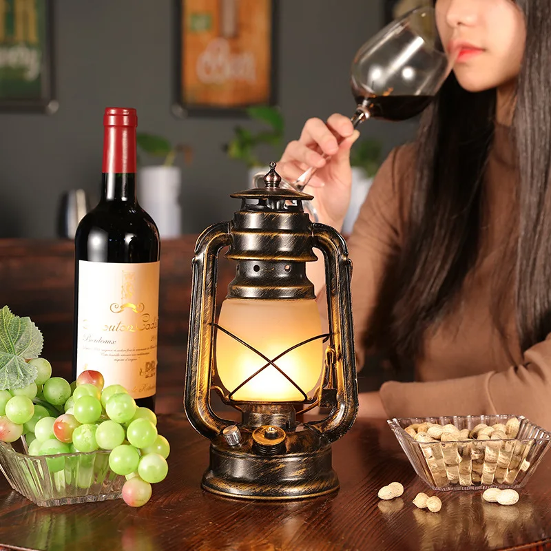 

Led Rechargeable Bar Table Lamp Retro Creative Clear Bar Cafe Restaurant Decoration Lantern Kerosene Lamp Table Lamp Art Deco