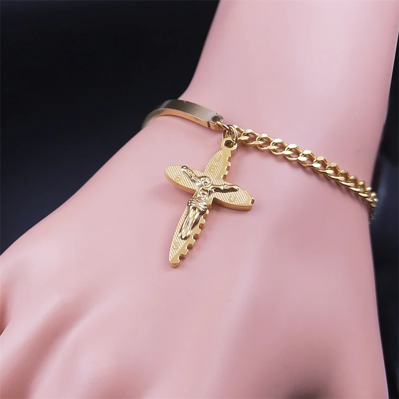 

Stainless Steel Christian Cross Jesus Bangle Bracelets for Women Gold Color Bracelets Jewelry pulseras mujer moda B6011S05