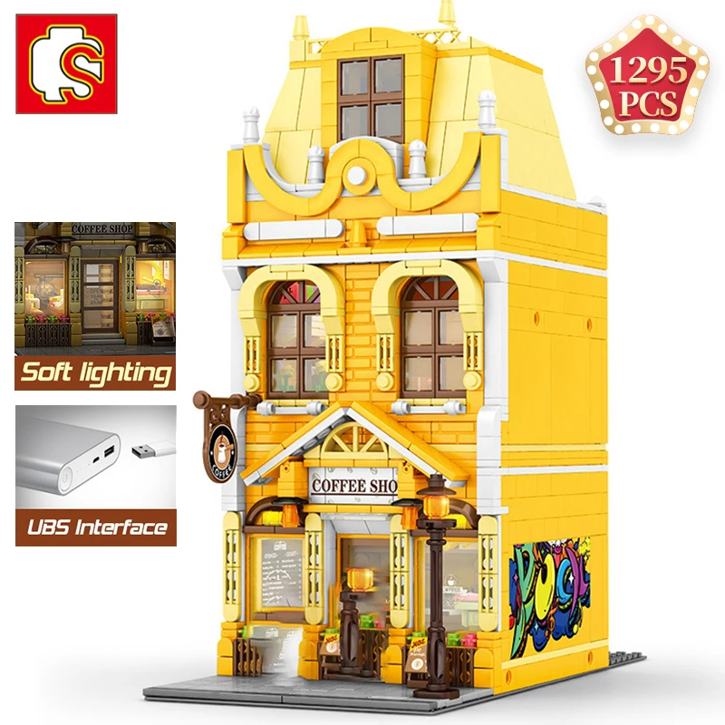 

SEMBO Technical Street View Series Assembly Building Blocks Creative Expert Diy Cafe with Light Model Bricks Construction Toys