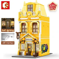 sembo technical street view series assembly building blocks creative expert diy cafe with light model bricks construction toys