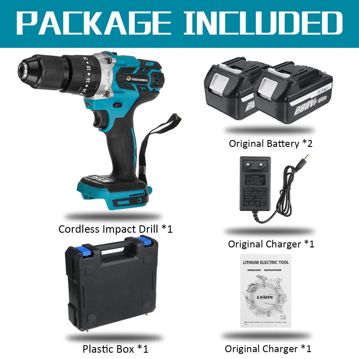 

Brushless Electric Drill Screwdriver 3 In 1 288V 20+3 Torque Cordless Hammer Variable Speed Impact Drill for Makita 18V Battery