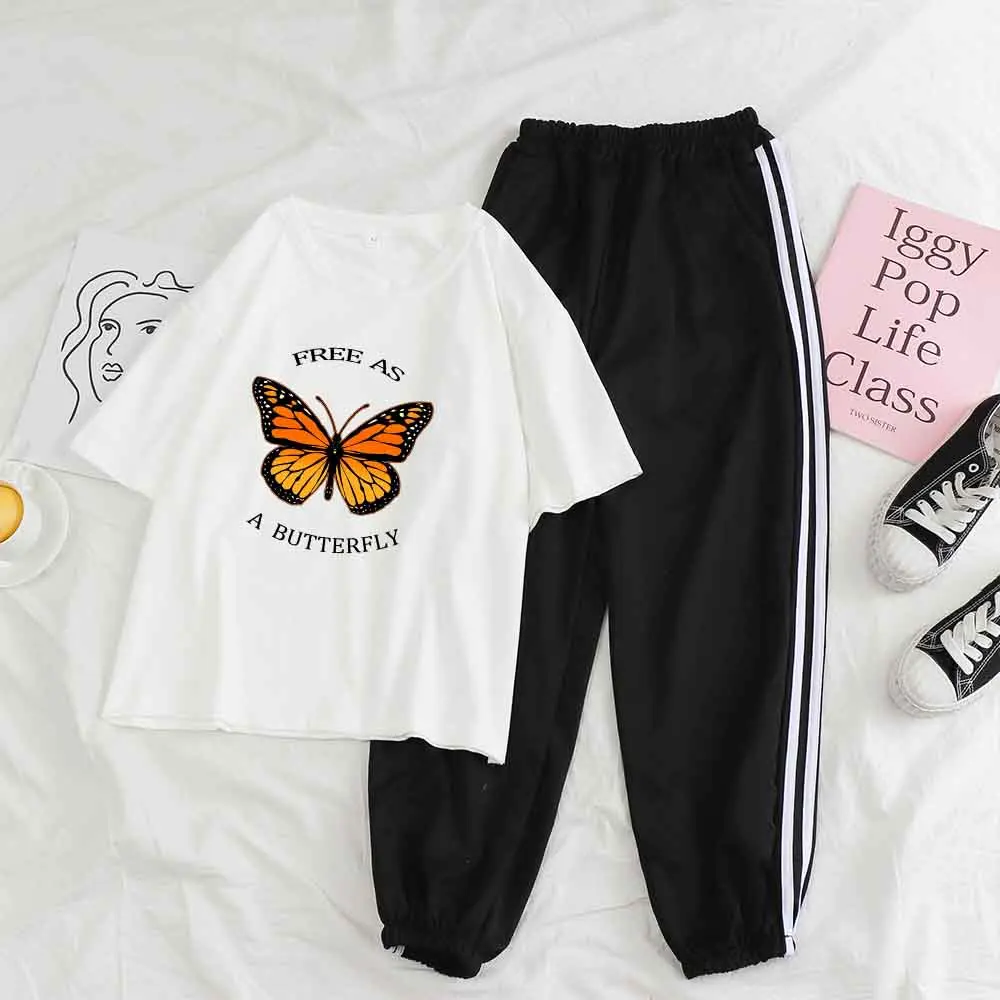 

Summer Tracksuits Two Piece Pants Sets Casual Butterfly Print Top Loungewear Women Long Pants Sport Letter Outfit Sets