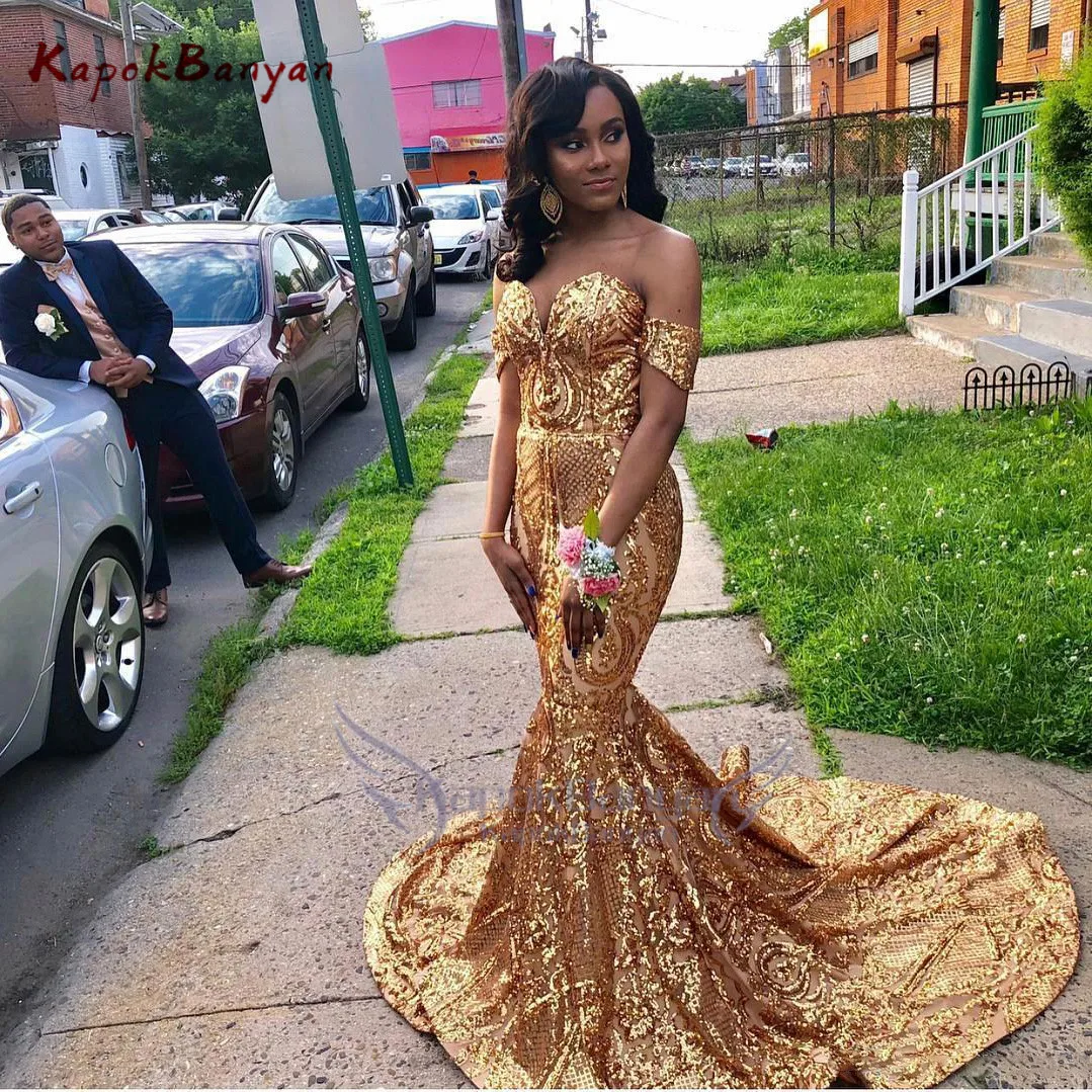 

Luxury Gold Appliques Mermaid Prom Dresses Off Shoulder Floor Length Long Evening Party Dress