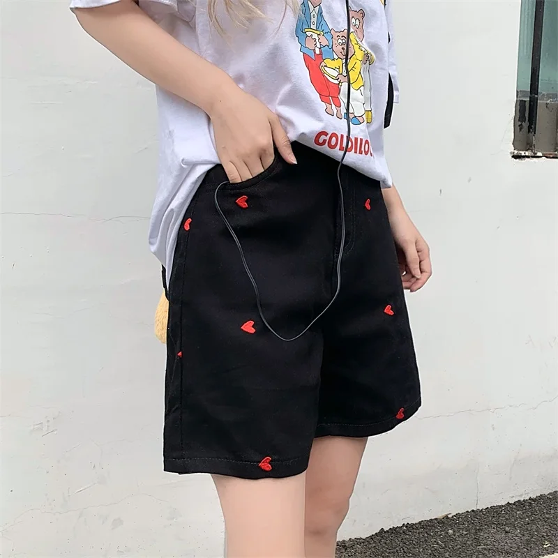 

Summer new Korean style high street love heart embroidery loose wide-leg casual casual shorts women