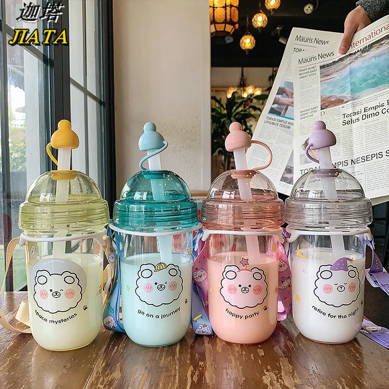 

Cute Bead Milk Tea Cup Simple Cute Bear Printing Anti-fall Plastic Water Cup Large-capacity Anti-choking Straw Water Cup