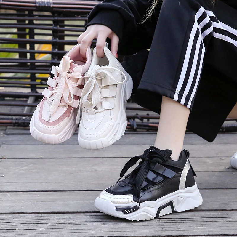 

2019 Women Platform Chunky Sneakers 5cm high lace-up Casual Vulcanize Shoes luxury Designer Old Dad female fashion Sneakers B342