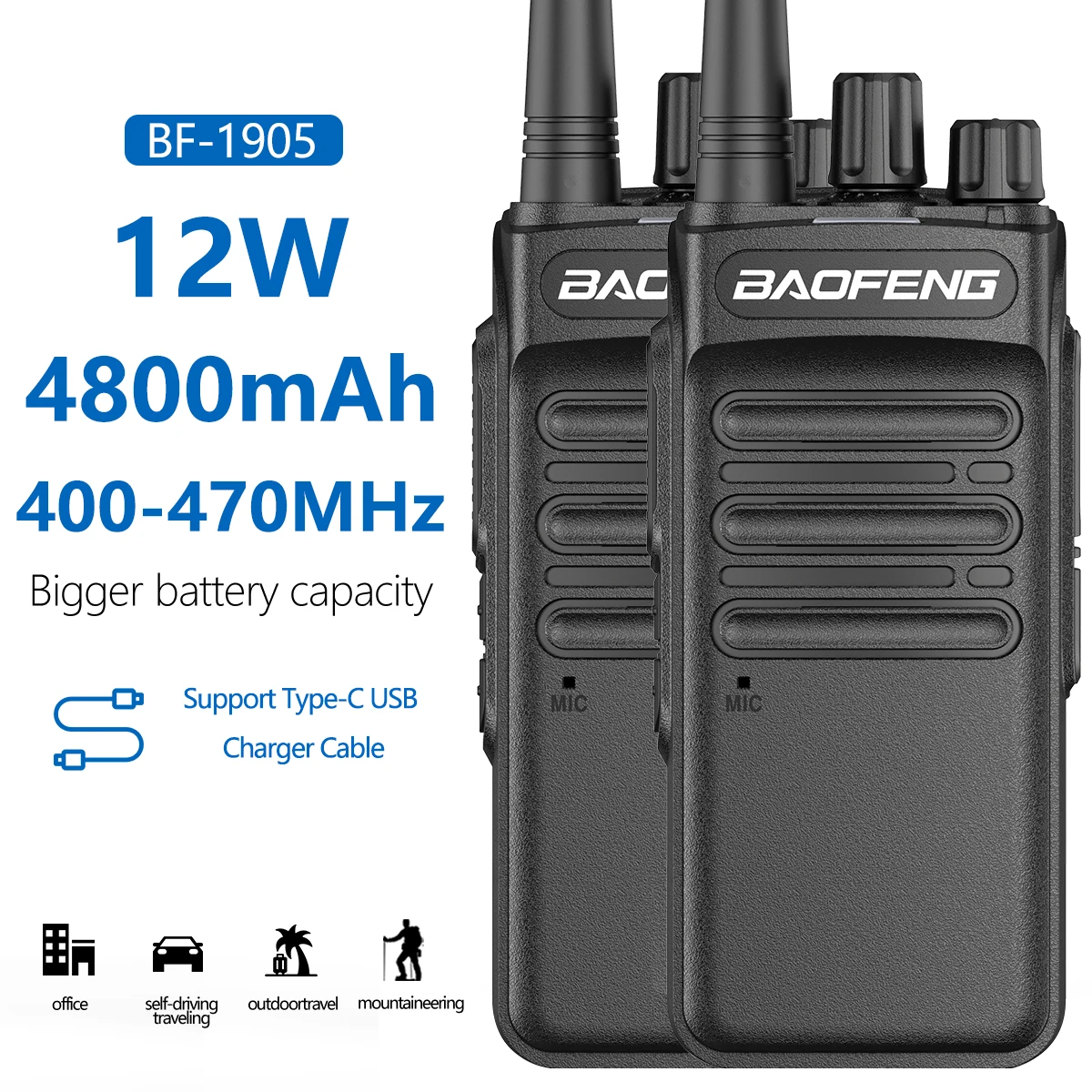 

2Pcs Baofeng BF-1905 12W UHF 400-470mhz Two Way Radios Support Type C charging Walkie Talkie 50KM Long Communicator for BF-1904