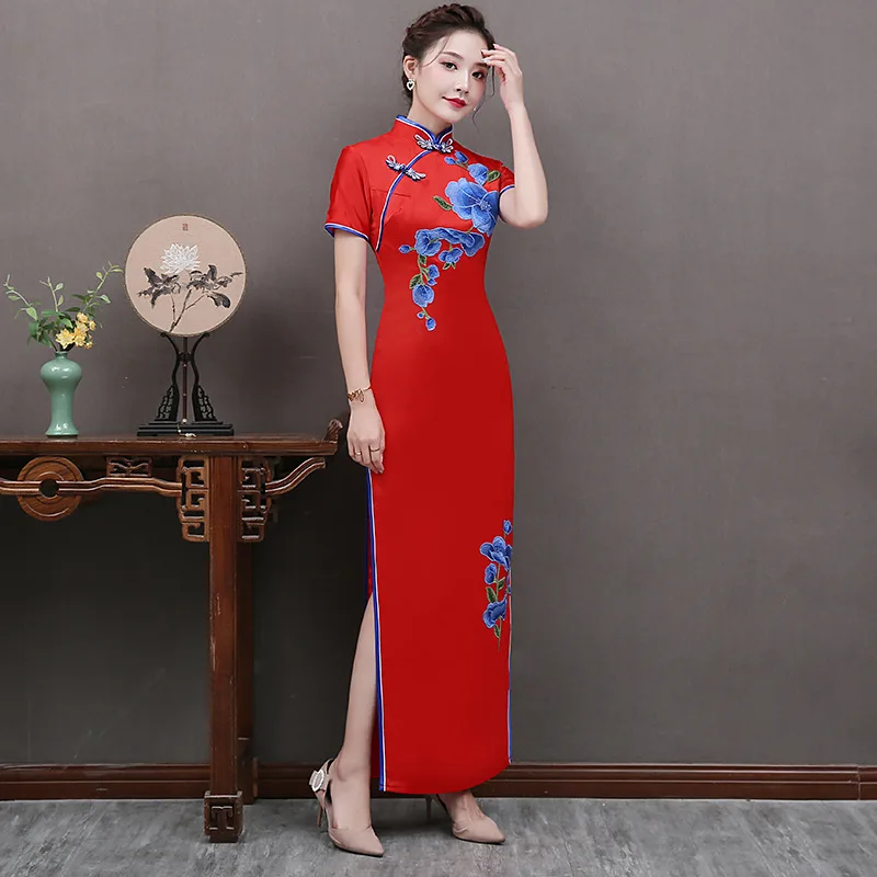 

Women Green Elegant Vintage Button Trim Cheongsam XS-5XL Exquisite Appliques Classic Qipao Temperament Long Chinese Banquet Gown