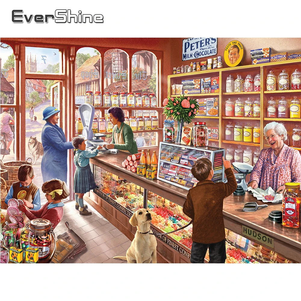 

EverShine Full Square Diamond Painting Candy Shop Diamond Embroidery House Cross Stitch Kits Mosaic Landscape Home Decoration