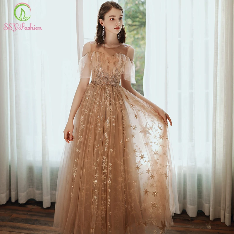 Женское вечернее платье в пол SSYFashion элегантное цвета шампанского для банкета с