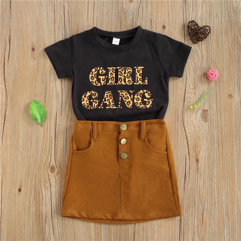 

Toddler Kids Girls Summer Clothing 2Pcs Outfits Baby Girls Leopard Letter Print Short Sleeve O Neck T-shirt+Button Pocket Skirt