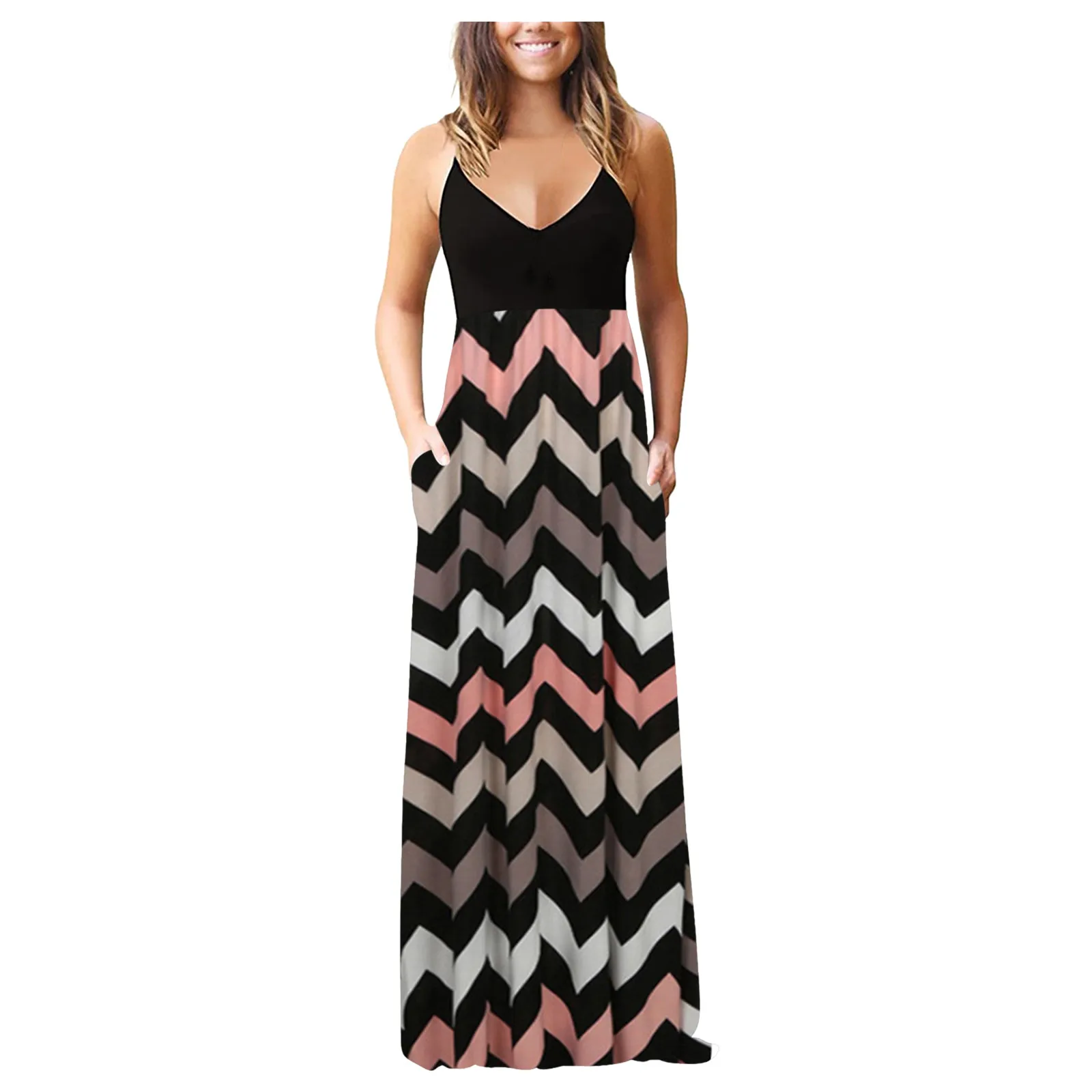 

summer dress Women Sleeveless Print V-neck Maxi Dress Party Cami Dress with Pockets Beach Dresses vestidos de mujer casual