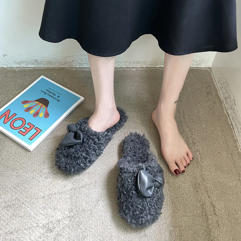 Baotou Slippers Women's Outer Wear Spring, Autumn and Winter Lamb Hair All-match Fashion Sandals Plush Flat Bow Hairy Shoes