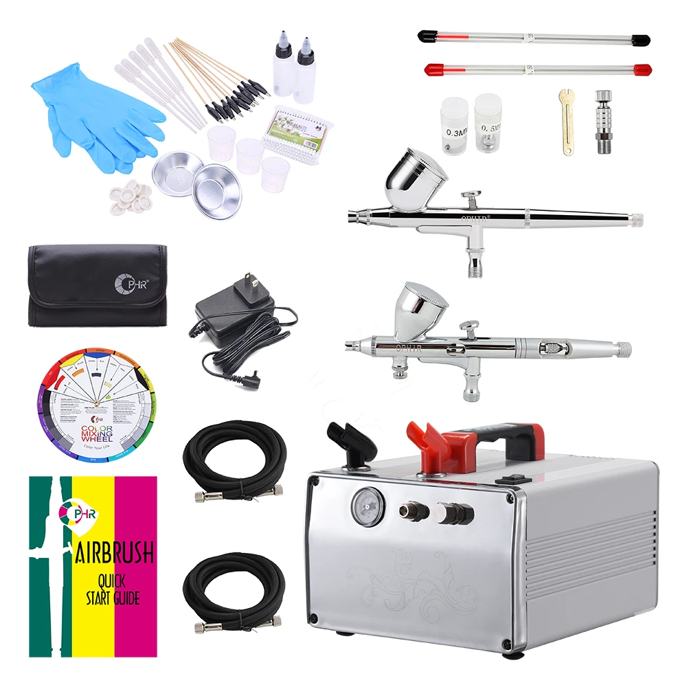 OPHIR 2 Sets Double Dual Action Airbrush Kit & DC 12V Air Compressor with Tank & Color Wheel &  Accessories Set for Hobby AC062W