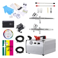 ophir 2 sets double dual action airbrush kit dc 12v air compressor with tank color wheel accessories set for hobby ac062w