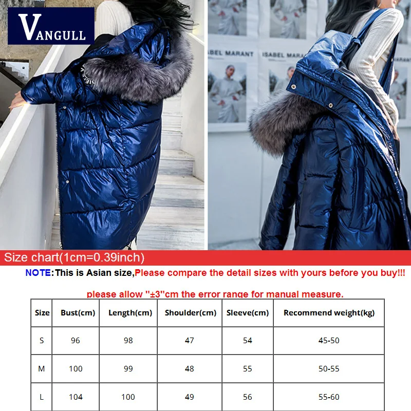 Vangull новая глянцевая женская зимняя куртка с большим меховым воротником, зимнее пальто, женская длинная парка, женские парки с капюшоном, теплые хлопковые приталенные куртки