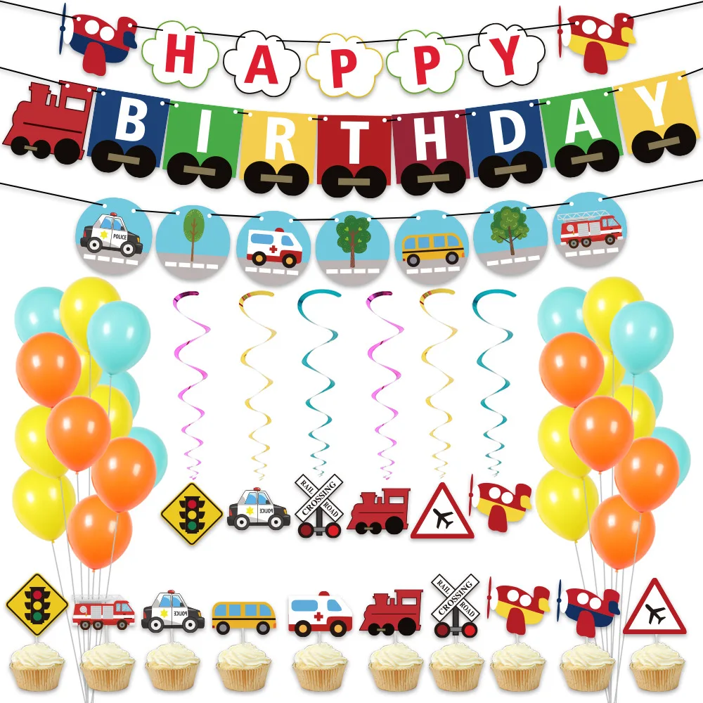 

43PCS / LOT Transportation Theme Birthday Decoration Balloon Flag Set Airplane Train Paper Banner Cake Hanging Spin
