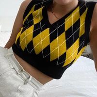 casual y2k crop top argyle sweater vest v neck sleeveless tank jumper preppy style plaid knitted pullover autumn winter clothes