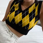 Повседневный укороченный топ Y2K, свитер с узором ромбиками, жилет с V-образным вырезом, без рукавов, джемпер в клетку в стиле преппи, вязаный пуловер, осенне-зимняя одежда