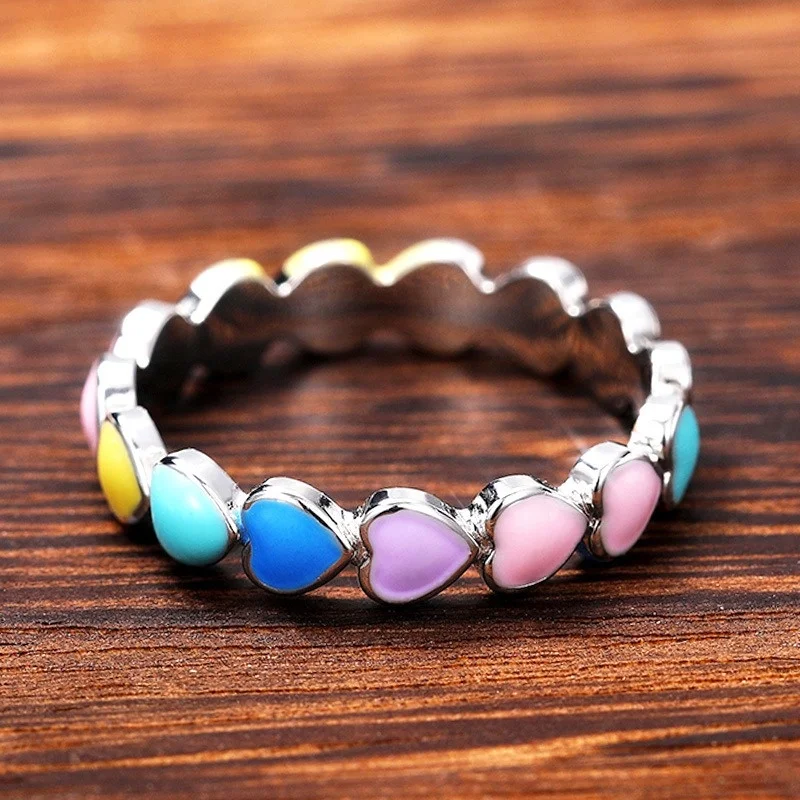 

Cute Candy Color Epoxy Heart Silver Color Rings for Women Wedding Engagement Fashion Jewelry 2021 Trend
