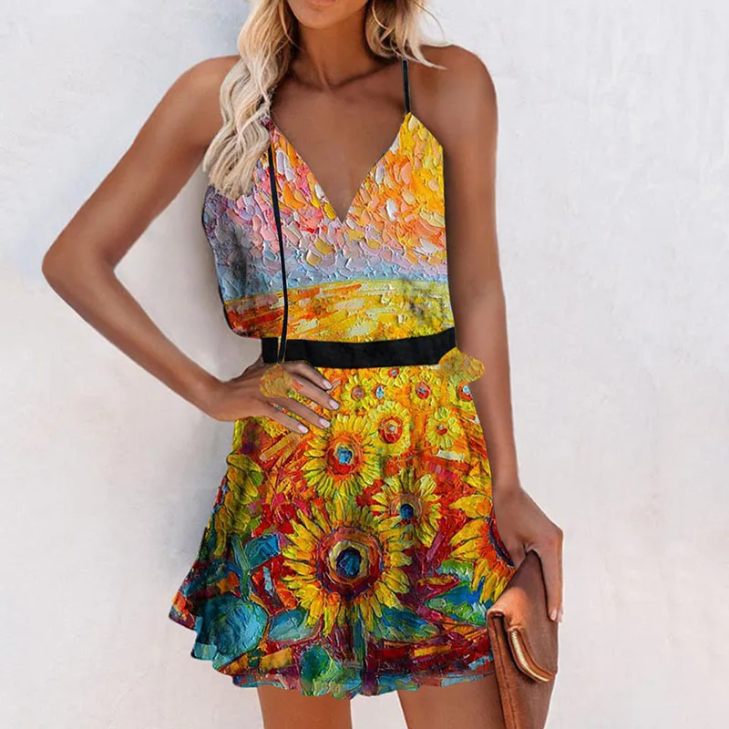 

Spring and Summer Women New Sexy Fashion Short V-Neck Pullover Waist Printed Casual Loose Suspender Dress