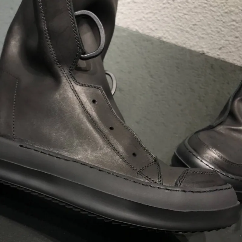 Черные ботинки Мужская обувь из натуральной коровьей кожи высокие на молнии