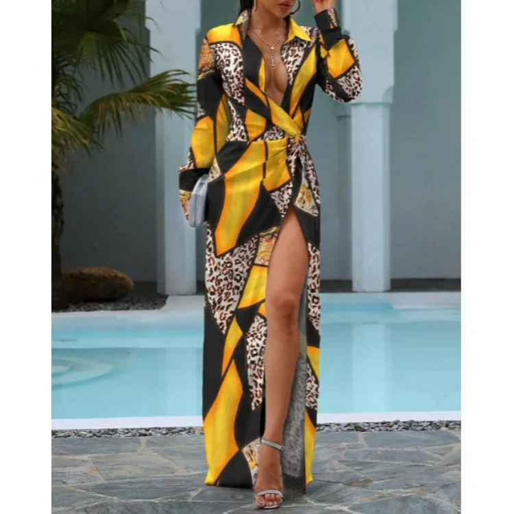 

Women's new lace up split long sleeve Printed Dress