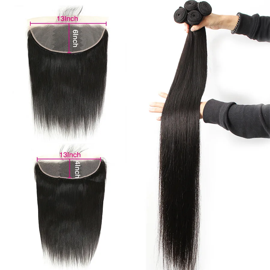 

Queenlife 40 42 Inch Straight Human Hair Bundles With 13x4 Frontal Pre Plucked Brazilian Virgin Hair Lace Frontal With 3 Bundles