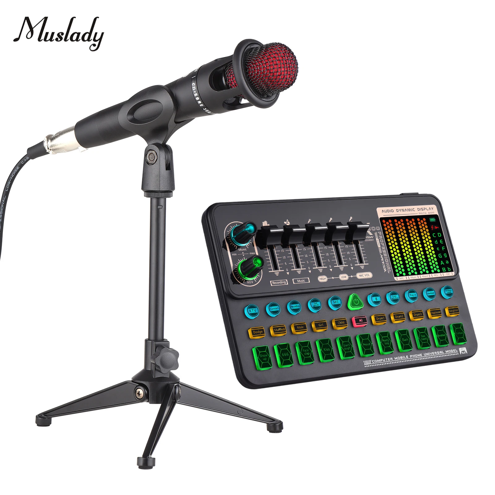 

Muslady SK500 Portable Live Sound Card Voice Changer Device Audio Mixer Built-in Multiple Sound Effects BT Connection