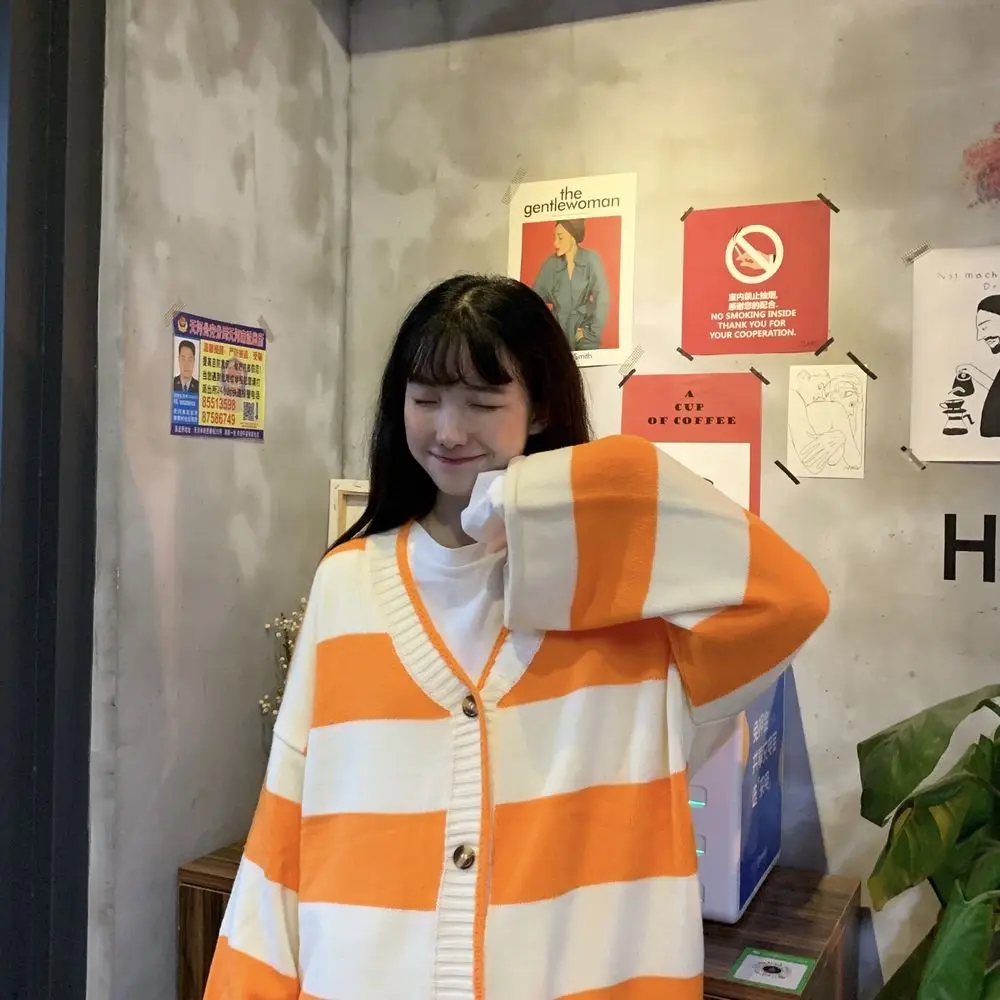 

Color matching V-neck cardigan sweater female students autumn winter stripe loose and versatile knitted jacket top