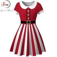 women winter christmas short sleeve o neck striped print vintage xmas party dresses casual elegant big swing mini vestidos