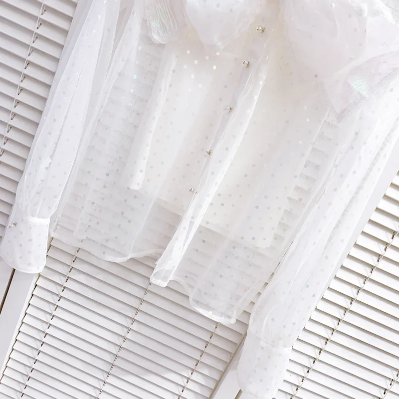 

2021 Summer Polo Collar Pearl Buttons Dot Shiny White Shirt Women Mesh Bow Sexy See-through Long Sleeves Blouse Blusas Mujer