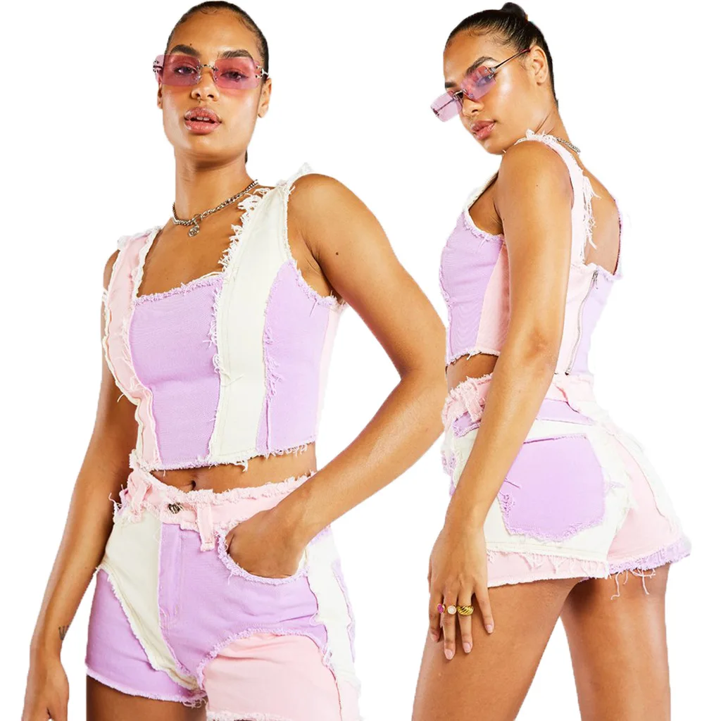 Patchwork Denim Shorts Women Casual Ripped Jean Shorts Irregular Straight Leg Shorts Summer Female Street Clothing